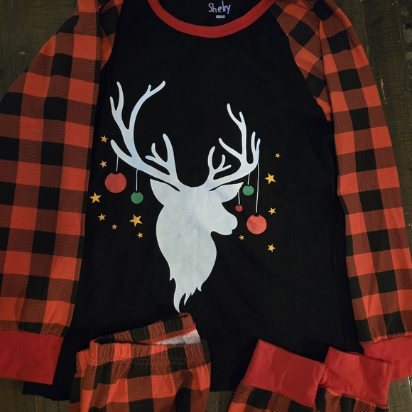 Women Small Plaid Reindeer Pajama Set Christmas Holiday Long Sleeve Long Pants - Picture 3 of 4